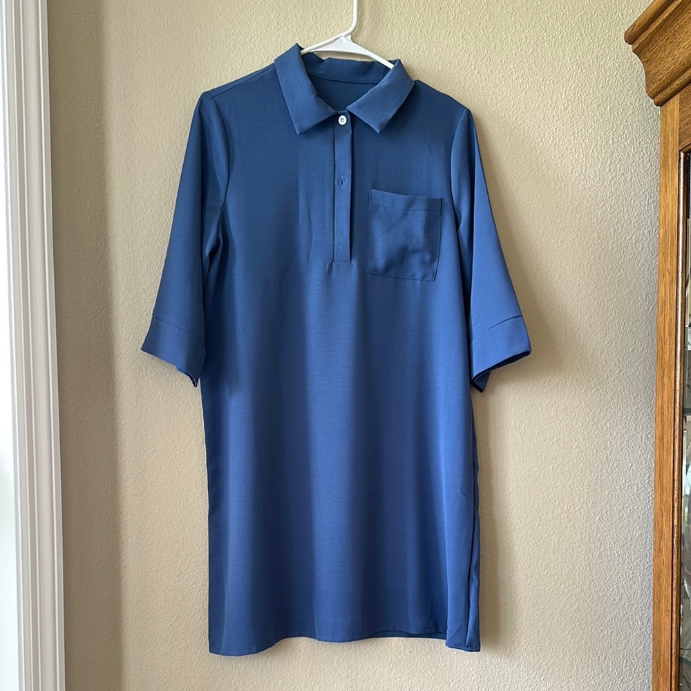 Classic Blue Asymmetrical Shift Dress with Three-Quarter Sleeves NWOT